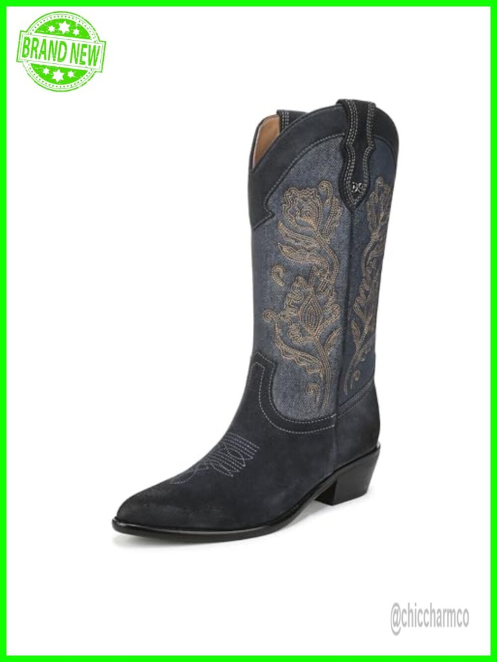 Sam Edelman Rue Suede Western Mid-Calf Boot Pointed Toe Cuban Heel